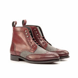 DapperFam Valiant in Burgundy / Light Grey Men's Flannel & Italian Leather Military Brogue in Burgundy / Light Grey