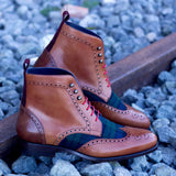 DapperFam Valiant in Cognac / Blackwatch / Burgundy Men's Sartorial & Lux Suede & Italian Leather Military Brogue in Cognac / Blackwatch / Burgundy