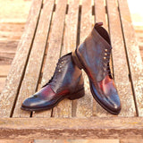 DapperFam Valiant in Denim / Burgundy Men's Hand-Painted Patina Military Brogue