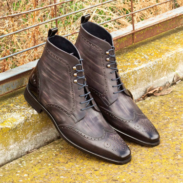 DapperFam Valiant in Grey / Black Men's Italian Patent Leather & Hand-Painted Patina Military Brogue in #color_