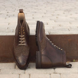 DapperFam Valiant in Herringbone / Dark Brown Men's Sartorial & Italian Leather Military Brogue
