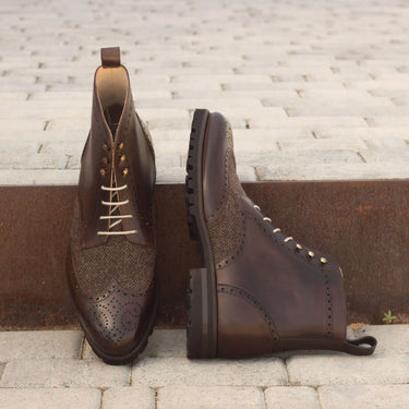 DapperFam Valiant in Herringbone / Dark Brown Men's Sartorial & Italian Leather Military Brogue