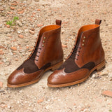 DapperFam Valiant in Med Brown / Brown Men's Italian Leather & Italian Suede Military Brogue in Med Brown / Brown