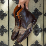 DapperFam Valiant in Tweed / Dark Brown Men's Sartorial & Italian Leather Military Brogue in Tweed / Dark Brown