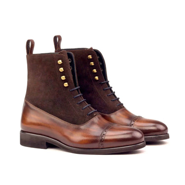 DapperFam Vittorio in Dark Brown / Brown Men's Lux Suede & Hand-Painted Patina Balmoral Boot in Dark Brown / Brown #color_ Dark Brown / Brown