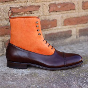 DapperFam Vittorio in Dark Brown / Orange Men's Italian Leather & Italian Suede Balmoral Boot in Dark Brown / Orange #color_ Dark Brown / Orange