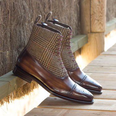 DapperFam Vittorio in Tweed / Brown Men's Sartorial & Hand-Painted Patina Balmoral Boot in #color_