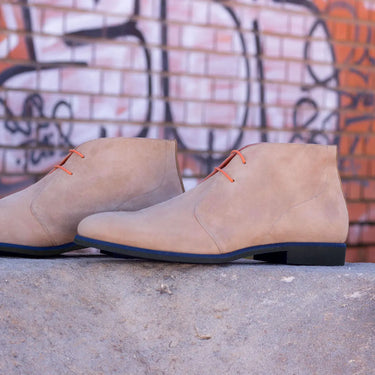 DapperFam Vivace in Taupe / Camel Men's Lux Suede & Italian Suede Chukka in Taupe / Camel #color_ Taupe / Camel