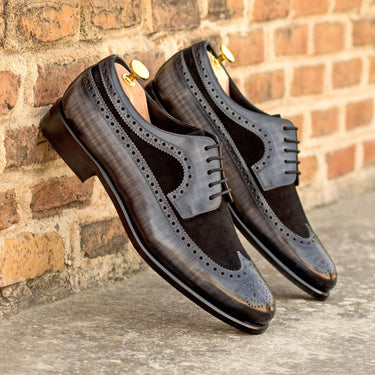 DapperFam Zephyr in Black / Grey Men's Italian Suede & Hand-Painted Patina Longwing Blucher in #color_