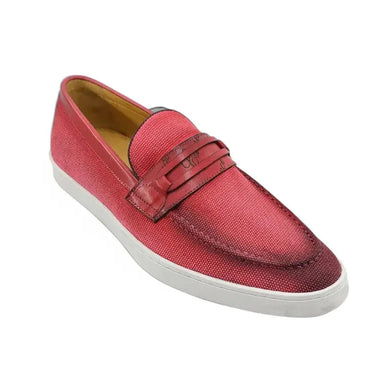 Embossed Leather Strap Linen Sneaker in Red