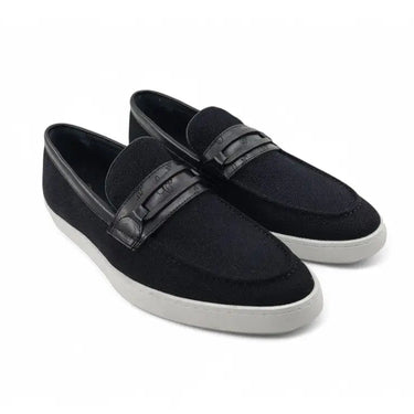 Embossed Leather Strap Linen Sneaker in Black