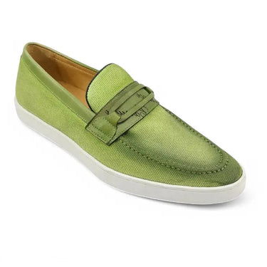 Embossed Leather Strap Linen Sneaker in Green