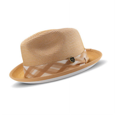 Montique Domino Effect Pinch Front Straw Fedora in Tan #color_ Tan