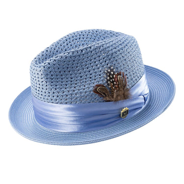 Montique Fairmont Pinch Front Polybraid Straw Fedora in Chambray #color_ Chambray