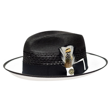 Bruno Capelo Havana Pinch Front Straw Fedora in Black White