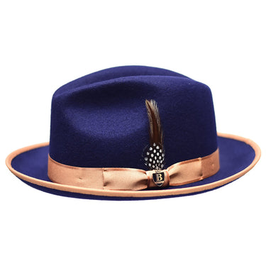 Bruno Capelo Hi Boi High Crown Wool Fedora in Navy Blue Camel