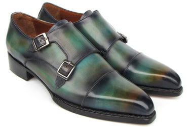 Paul Parkman Men's Cap Toe Double Monkstrap Shoes Green & Blue Patina