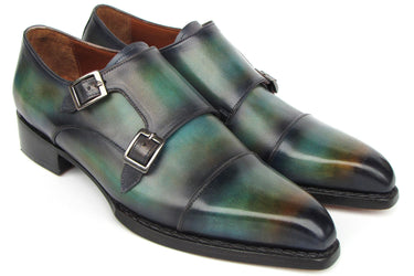 Paul Parkman Men's Cap Toe Double Monkstrap Shoes Green & Blue Patina