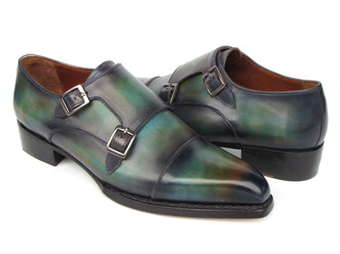 Paul Parkman Men's Cap Toe Double Monkstrap Shoes Green & Blue Patina