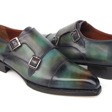 Paul Parkman Men's Cap Toe Double Monkstrap Shoes Green & Blue Patina in #color_