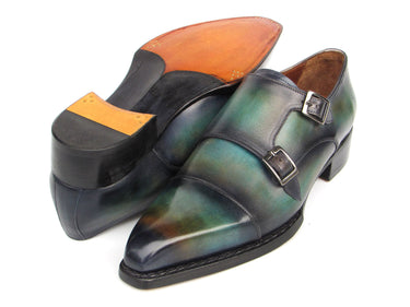 Paul Parkman Men's Cap Toe Double Monkstrap Shoes Green & Blue Patina