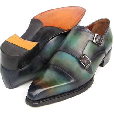 Paul Parkman Men's Cap Toe Double Monkstrap Shoes Green & Blue Patina in #color_