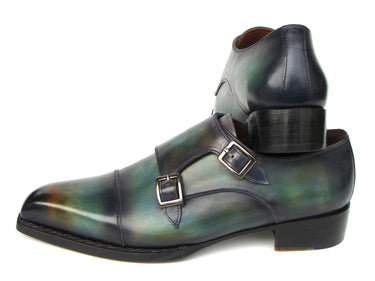 Paul Parkman Men's Cap Toe Double Monkstrap Shoes Green & Blue Patina