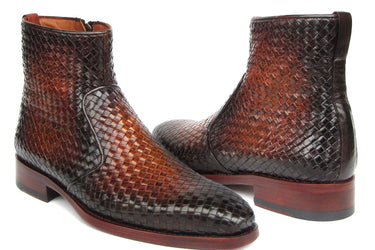 Paul Parkman Brown Burnished Woven Leather Zipper Boots