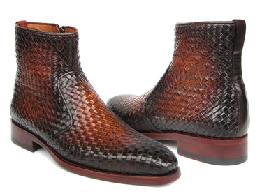 Paul Parkman Brown Burnished Woven Leather Zipper Boots