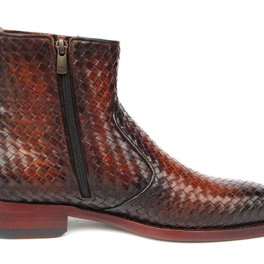 Paul Parkman Brown Burnished Woven Leather Zipper Boots in #color_