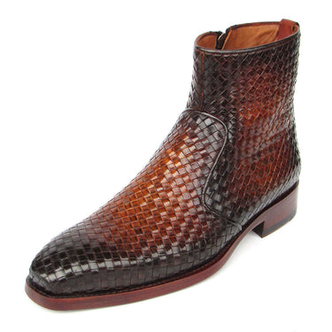 Paul Parkman Brown Burnished Woven Leather Zipper Boots in #color_