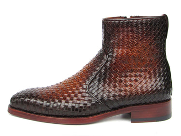Paul Parkman Brown Burnished Woven Leather Zipper Boots