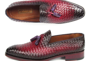 Paul Parkman Men's Woven Leather Tassel Loafers Burgundy
