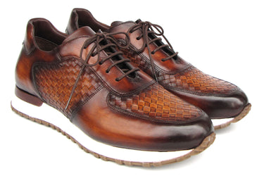 Paul Parkman Men's Brown Hand-Painted Woven Leather Sneakers