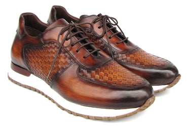 Paul Parkman Men's Brown Hand-Painted Woven Leather Sneakers