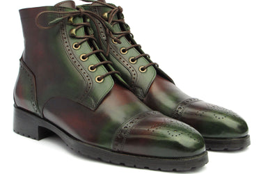 Paul Parkman Men's Green & Brown Hand-Painted Cap Toe Boots