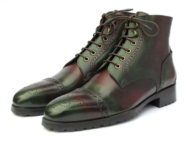 Paul Parkman Men's Green & Brown Hand-Painted Cap Toe Boots