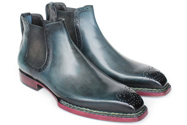 Paul Parkman Men's Norwegian Welted Burnished Leather Chelsea Boots in Blue