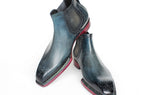 Paul Parkman Men's Norwegian Welted Burnished Leather Chelsea Boots in Blue