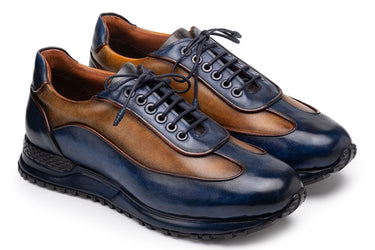 Paul Parkman Men's Patina Leather Sneakers in Blue & Camel