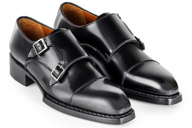 Paul Parkman Men's Triple Leather Sole Hand-Welted Cap Toe Monkstraps in Black