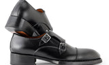 Paul Parkman Men's Triple Leather Sole Hand-Welted Cap Toe Monkstraps in Black