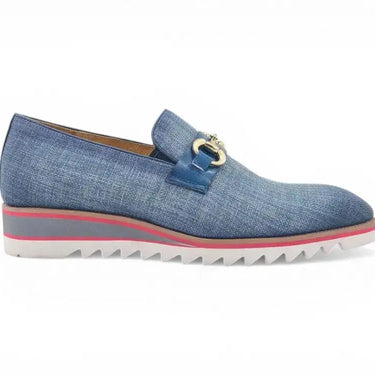 Carrucci Shoes Linen Loafer Gold Buckle Slip-On in Blue