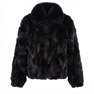 Calvere Furs Men's Fox Bomber Jacket with Full Skin Fox Collar in Black