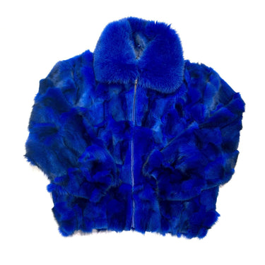 Calvere Furs Men's Fox Bomber Jacket with Full Skin Fox Collar in Royal Blue