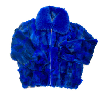 Calvere Furs Men's Fox Bomber Jacket with Full Skin Fox Collar in Royal Blue