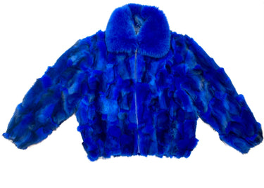 Calvere Furs Men's Fox Bomber Jacket with Full Skin Fox Collar in Royal Blue