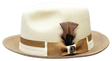 Bruno Capelo Main Street Two-Tone Straw Snap Brim Fedora in Ivory Cognac Brown