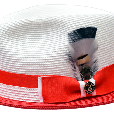 Bruno Capelo Main Street Two-Tone Straw Snap Brim Fedora in White Red