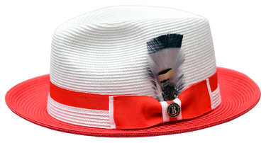 Bruno Capelo Main Street Two-Tone Straw Snap Brim Fedora in White Red